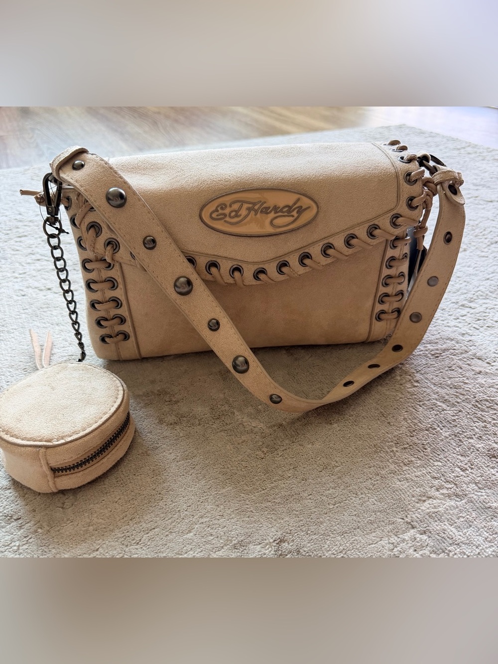 NWT Ed Hardy Beige Vegan Suede Studded Crossbody Bag + Coin Purse